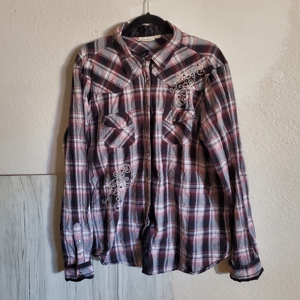 Shyanne Western Blouse Plaid Embellishments Snap Front